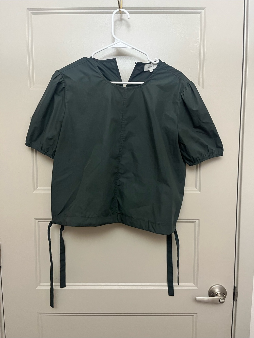 bohme Dark Green Puff Sleeve Tie-Hem Blouse